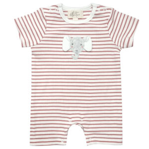our rusty coloured striped baby romper has the elephant applique on the front. Also has popper fastening for ease. Made from 100% BCI cotton