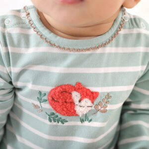 Albetta Sleepy Fox Applique sage green playsuit made from 100% organic cotton with the close image of the boucle sleepy fox